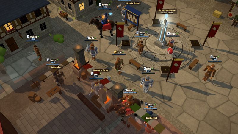 Spieler mit Pferden, Rüstungen und Gildenzeichen am Schrein auf dem Marktplatz von Brightmoor